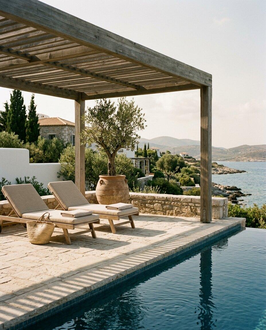 Shaded limestone terrace with linen loungers and a slatted pergola beside a pool