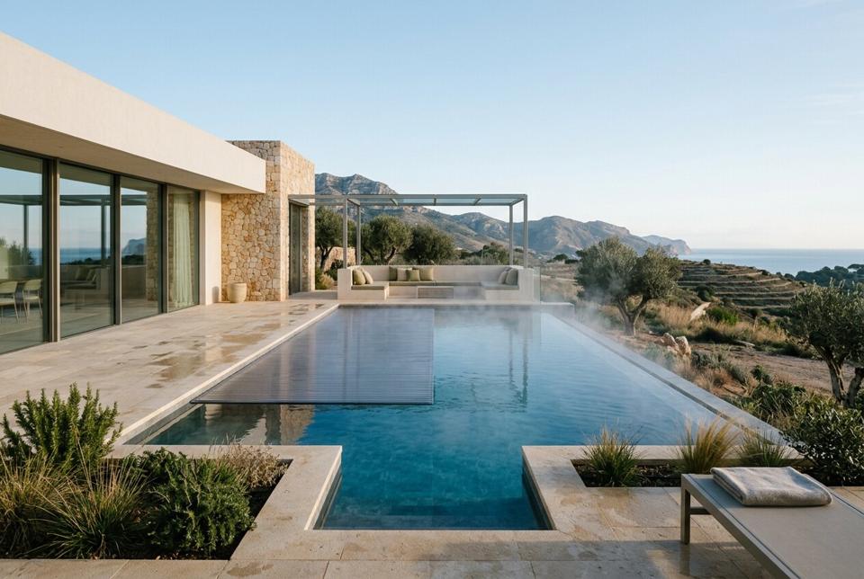 Villa pool with an automatic slatted cover on a cool morning
