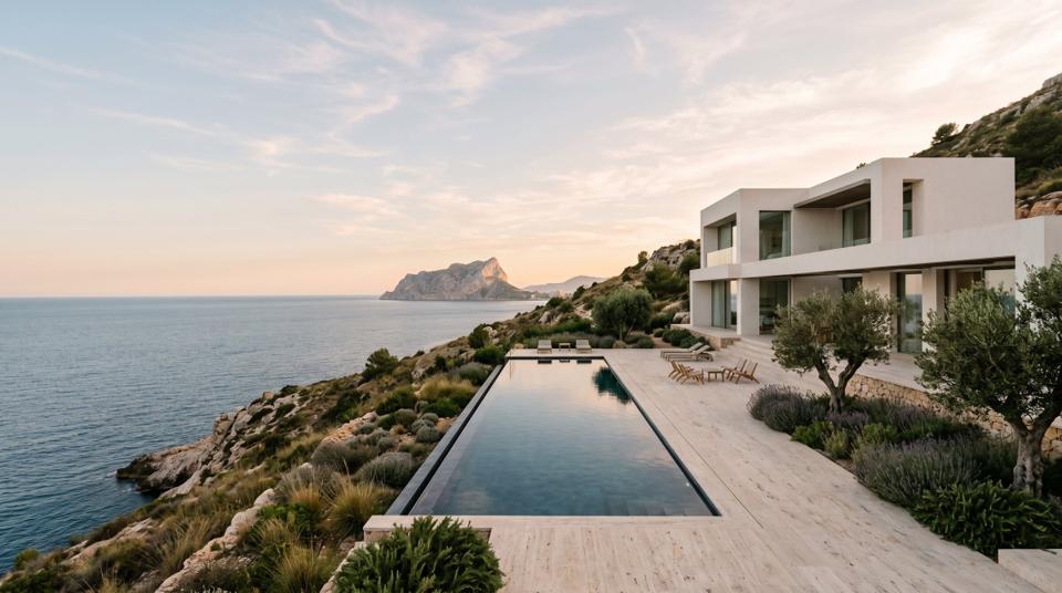 Contemporary white villa with a long infinity pool above the Mediterranean at golden hour