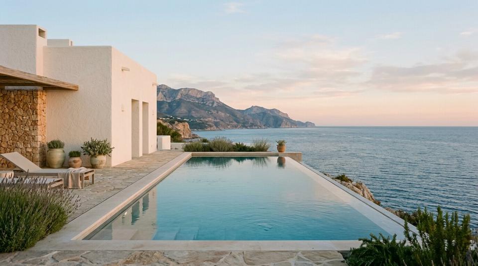 Infinity pool whose edge meets the sea horizon below coastal mountains