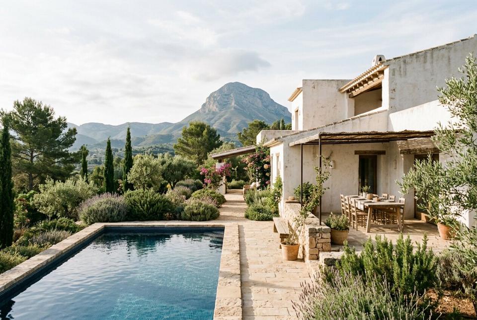 Whitewashed villa with pool and outdoor dining terrace below a mountain