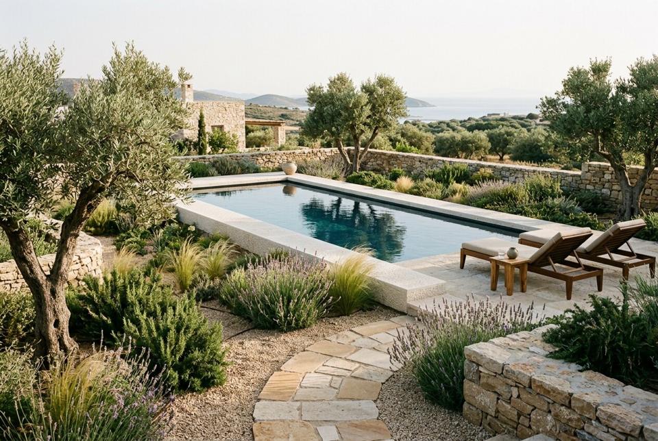 Mediterranean dry garden with olive trees, lavender and a stone path to the pool