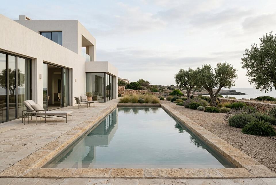 Newly built rectangular swimming pool with pale stone coping beside a white Mediterranean villa
