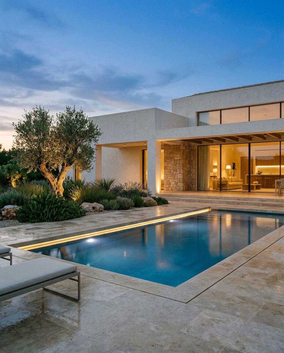 Villa pool at blue hour with warm underwater lighting and a lit olive tree
