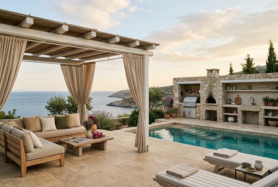 Outdoor kitchen in stone, pergola lounge and pool on a travertine terrace