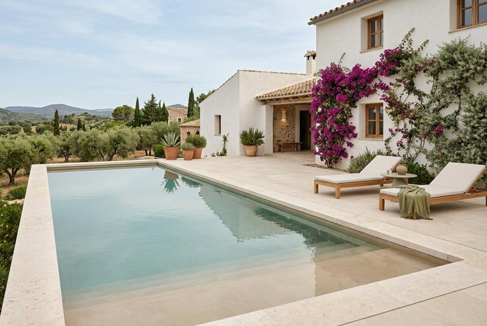 Classic Spanish villa pool with pale stone coping and full-width entry steps