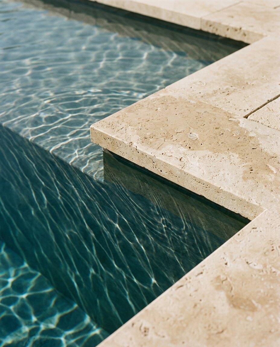 Detail of clear water meeting a honed limestone pool edge